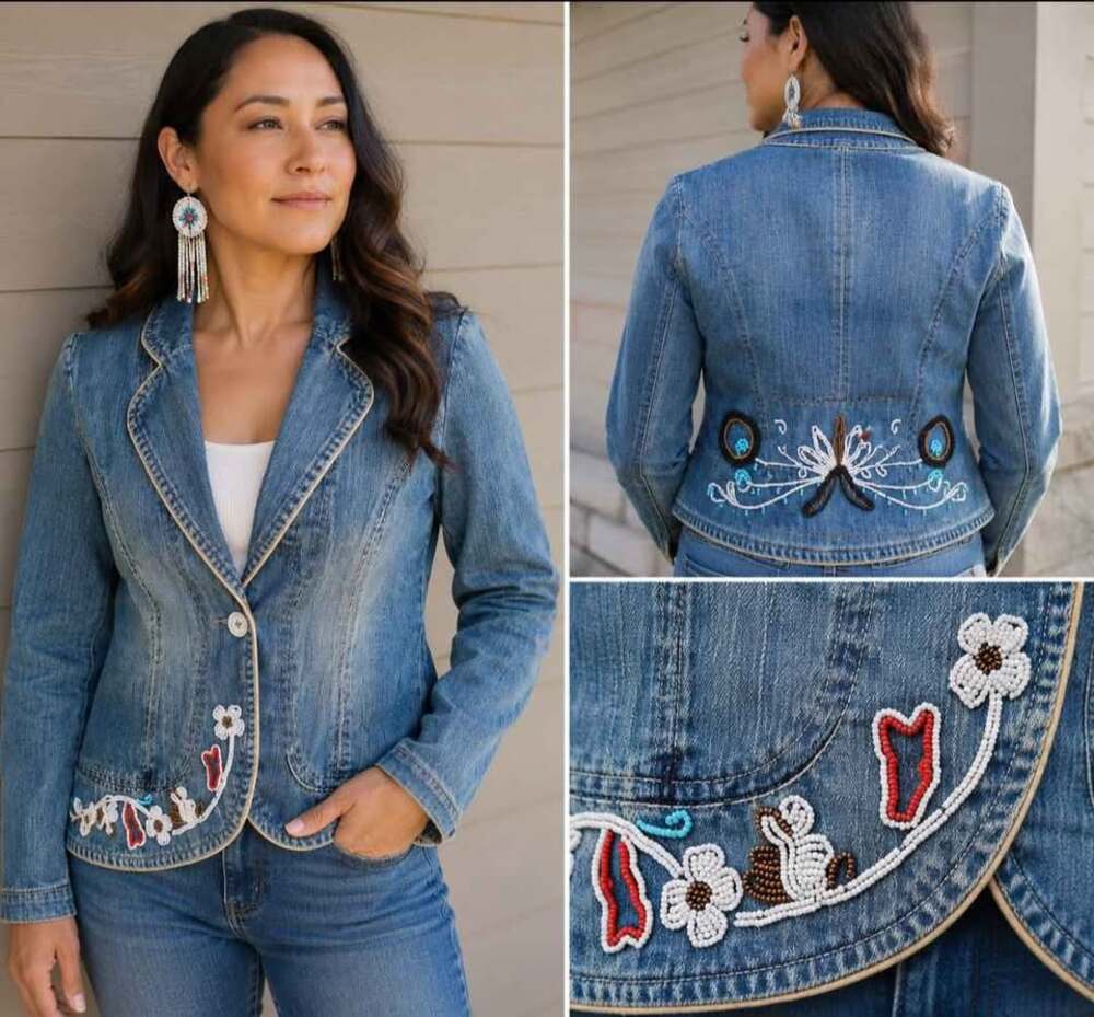 Hand-Beaded traditional native design Denim Jacket – Women's Large